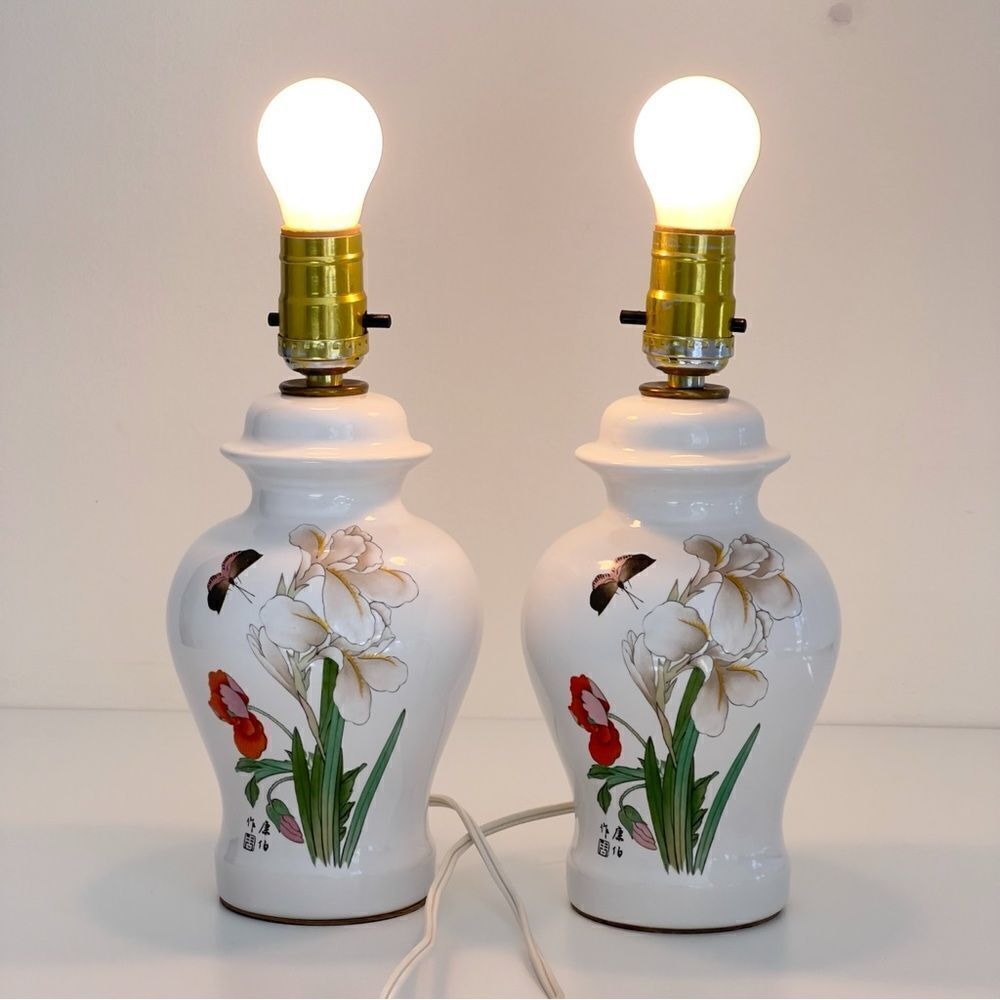 Set 2 Vintage Ceramic Asian Oriental Electric Lamps Irises Butterfly Signed Mini